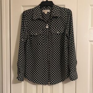 Black and White Patterned Zip-Up Shirt with optional roll tab sleeves.